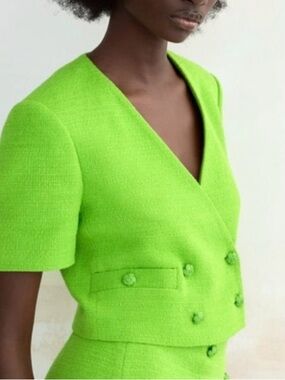 Zara Bright Lime Green Cropped Double-Breasted Blazer